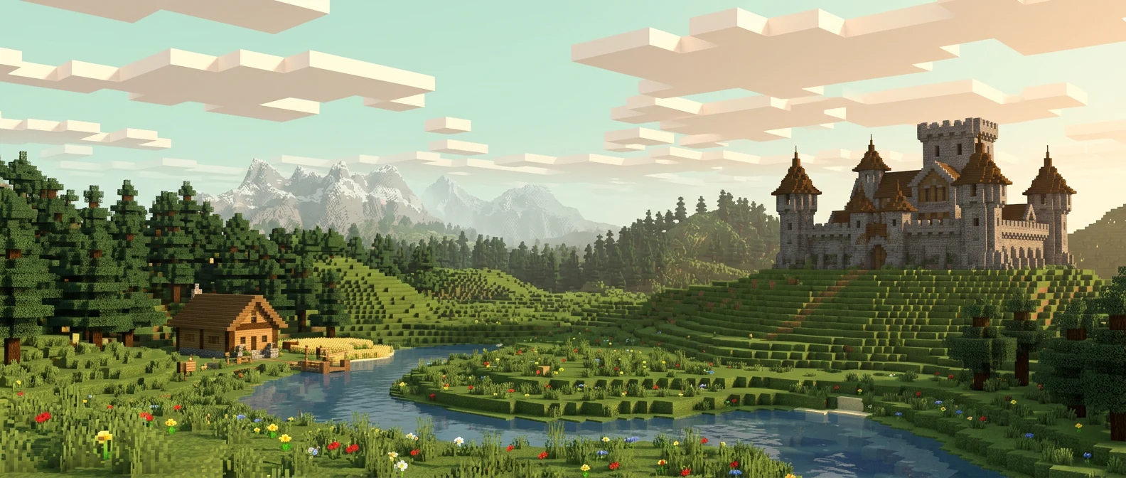 A lush voxel world with a castle, forests, and a winding river